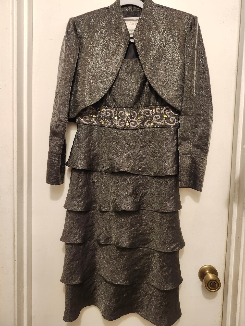 Metallic Charcoal Tiered Cocktail Dress with Embellished Waist and Jacket Sz 8